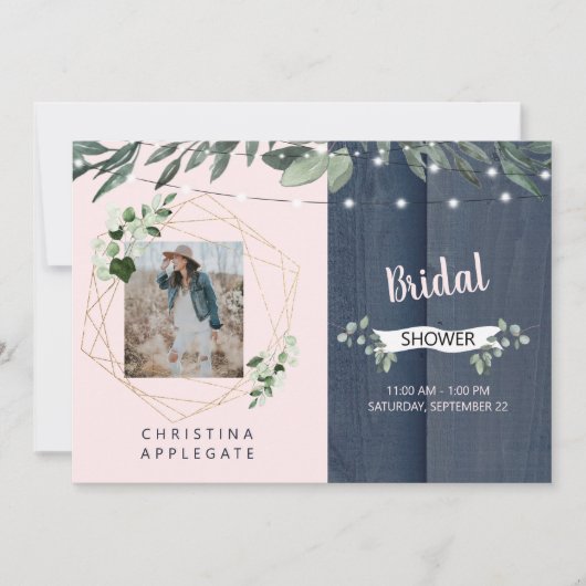 ウッド素朴赤面&ネイビー写真ブライダルシャワー 招待状 (正面)