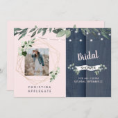 ウッド素朴赤面&ネイビー写真ブライダルシャワー 招待状 (正面/裏面)