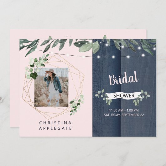 ウッド素朴赤面&ネイビー写真ブライダルシャワー 招待状 (正面/裏面)