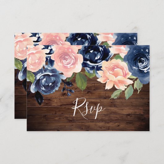 ウッド素朴赤面&ネイビー水色フローラ結婚 出欠カード (正面/裏面)