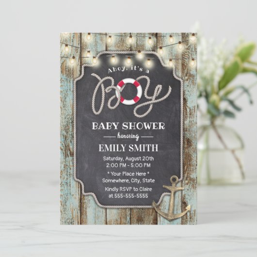 ウッド素朴金ゴールドいかり航海のボーイベビーシャワー 招待状 (スタンド正面)