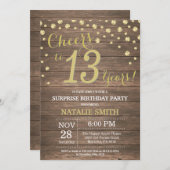 ウッド素朴金ゴールドサプライズ13th誕生日ダイヤモンド 招待状 (正面/裏面)