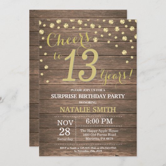 ウッド素朴金ゴールドサプライズ13th誕生日ダイヤモンド 招待状 (正面/裏面)