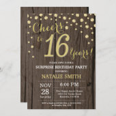 ウッド素朴金ゴールドサプライズ16th誕生日ダイヤモンド 招待状 (正面/裏面)