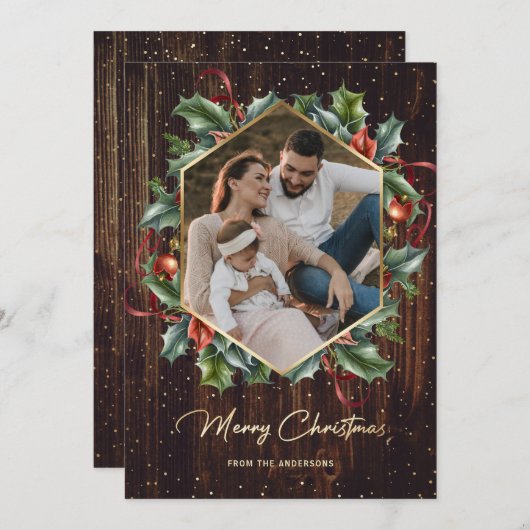 ウッド素朴金ゴールドリースフォトクリスマスカード シーズンカード (正面/裏面)