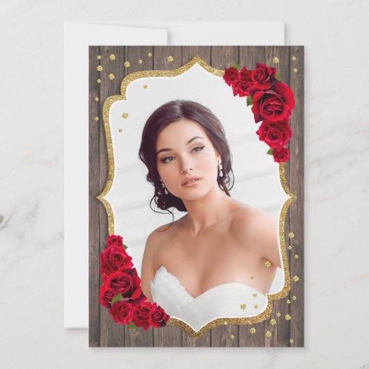 ウッド素朴金ゴールドレッド写真キンセアニェラ 招待状 (裏面)