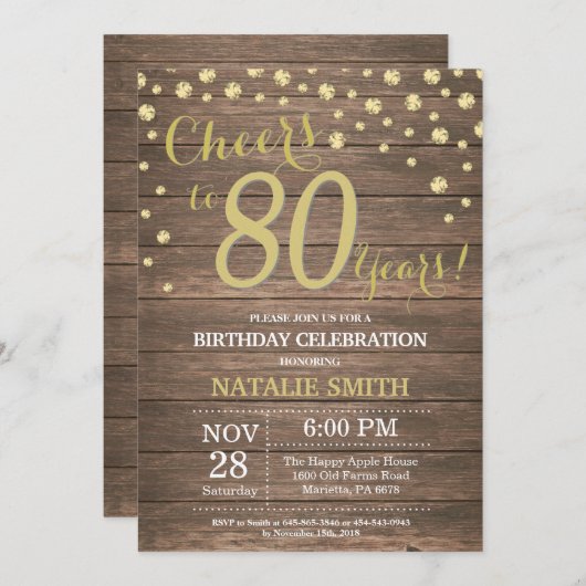 ウッド素朴金ゴールド80誕生日ダイヤモンド 招待状 (正面/裏面)