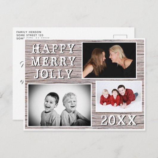 ウッド素朴3フォトコラージファミリーホリデーカード シーズンポストカード (正面/裏面)