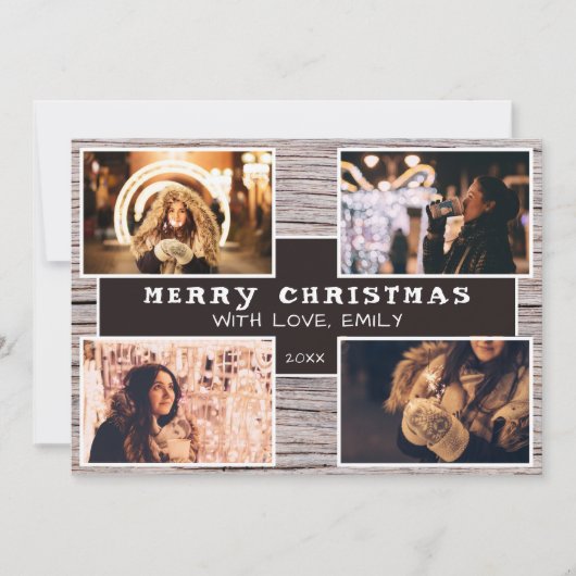 ウッド素朴4フォトコラージュクリスマス写真 カード (正面)