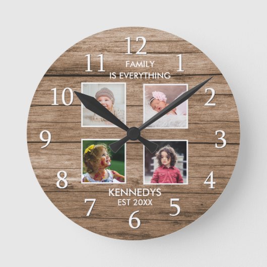 ウッド素朴4フォトコラージュファミリー名引用文 ラウンド壁時計 (正面)