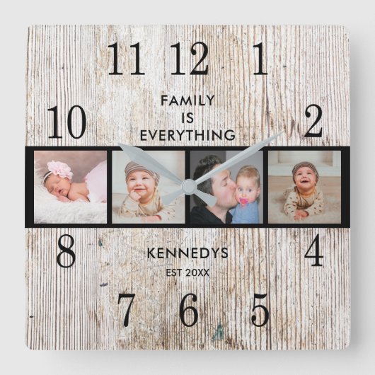 ウッド素朴4フォトコラージュファミリー引用文 スクエア壁時計 (正面)