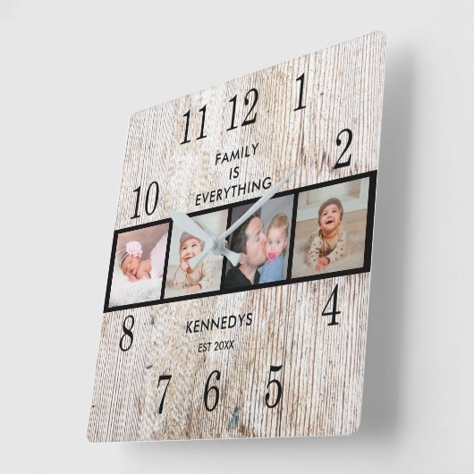 ウッド素朴4フォトコラージュファミリー引用文 スクエア壁時計 (傾斜)