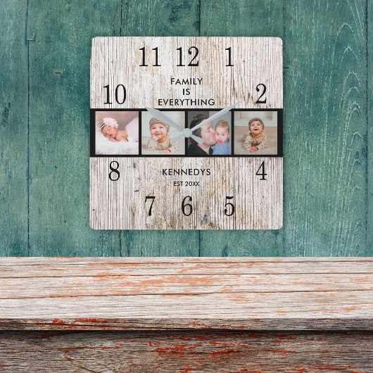 ウッド素朴4フォトコラージュファミリー引用文 スクエア壁時計