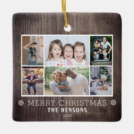 ウッド素朴6フォトコラージュのクリスマスファミリー セラミックオーナメント (正面)