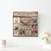 ウッド素朴8フォトコラージュ賛美ファミリ引用文 スクエア壁時計 (ホーム)