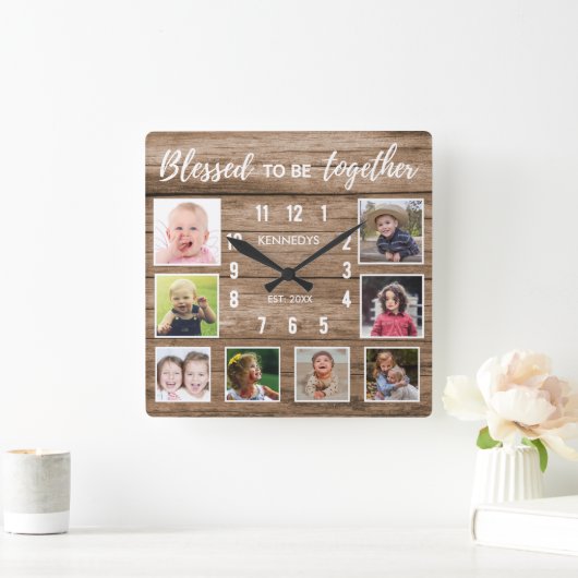 ウッド素朴8フォトコラージュ賛美ファミリ引用文 スクエア壁時計 (ホーム)