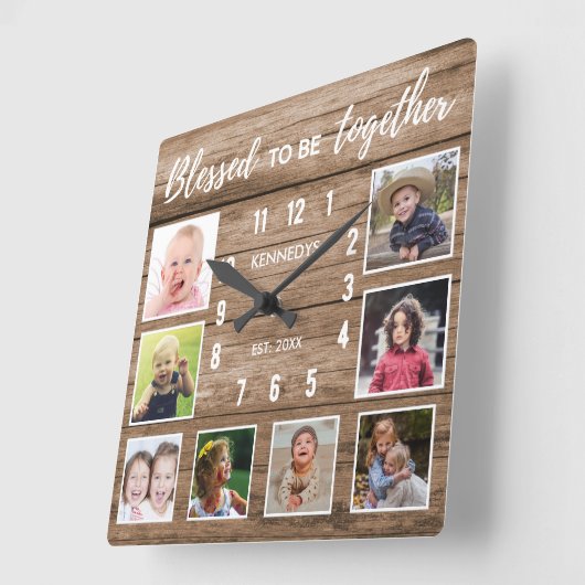 ウッド素朴8フォトコラージュ賛美ファミリ引用文 スクエア壁時計 (傾斜)