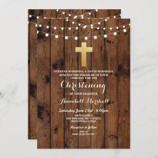 ウッド素朴《キリスト教》洗礼式や命名式またはバプテスマ金ゴールドクロス 招待状 (正面/裏面)
