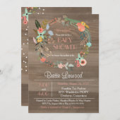 ウッド素朴、フローラリースみすぼらしいシックな赤ちゃんシャワー 招待状 (正面/裏面)