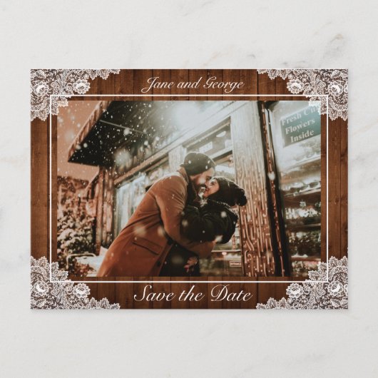 ウッド素朴&ホワイトレース結婚の写真 案内ポストカード (正面)