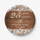 ウッド素朴&ホワイトレース結婚記念日 ペーパープレート (正面)