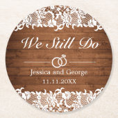 ウッド素朴&ホワイトレース結婚記念日 ラウンドペーパーコースター (正面)