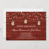 ウッド素朴・メイソンの瓶とライトは日付を保存 招待状 (正面)