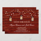 ウッド素朴・メイソンの瓶とライトは日付を保存 招待状 (正面/裏面)