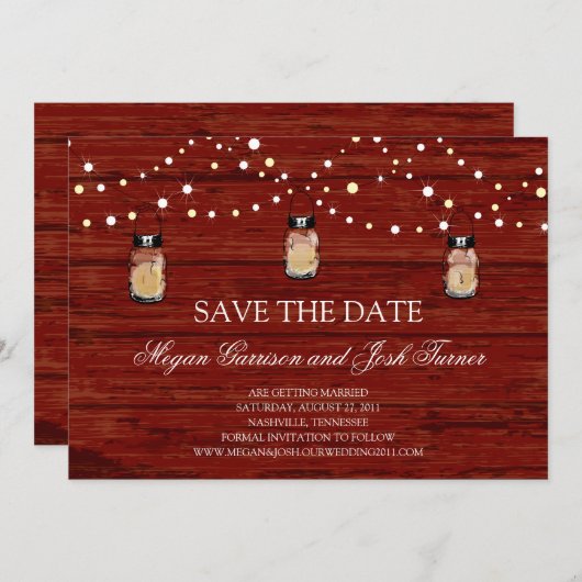 ウッド素朴・メイソンの瓶とライトは日付を保存 招待状 (正面/裏面)