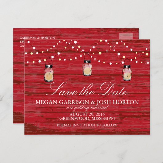 ウッド素朴・メイソンの瓶とライトは日付を保存 案内ポストカード (正面/裏面)