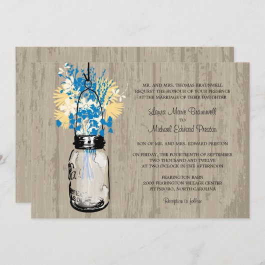 ウッド素朴・メイソンの瓶と山の結婚花 招待状 (正面/裏面)