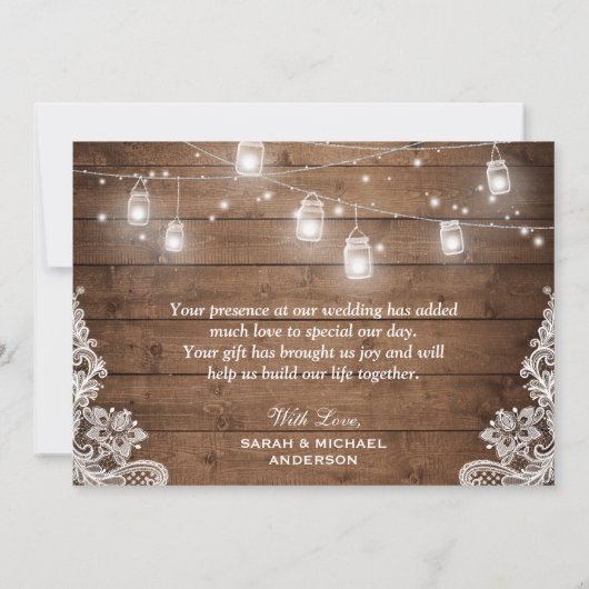 ウッド素朴・メイソンの結婚ジャール・レースの写真 サンキューカード (裏面)