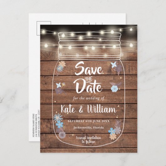 ウッド素朴・メイソンのjar文字列ライト日付を保存 案内ポストカード (正面/裏面)