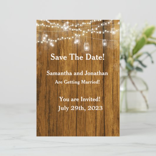 ウッド素朴・メイソンぶら下がった・ジャーの明かりが日付を除く 招待状 (スタンド正面)