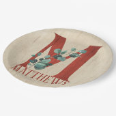 ウッド素朴&ユーカリ文字Mパーソナライズされた ペーパープレート (アングル)