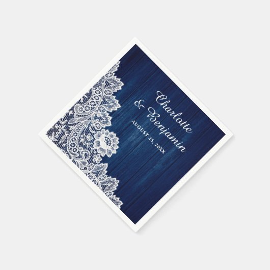ウッド素朴&レースのネイビー結婚ブルーのナプキン スタンダードカクテルナプキン (角)