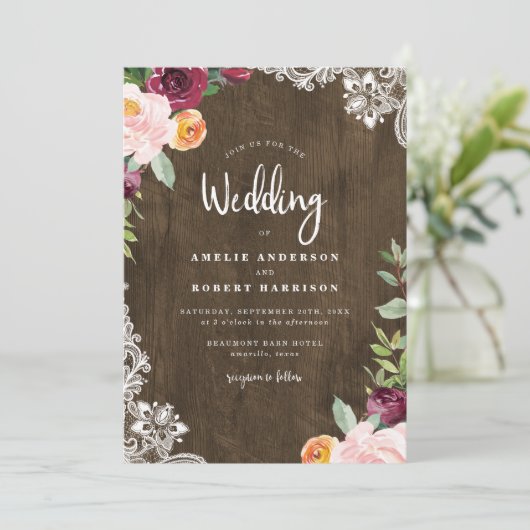 ウッド素朴&レースバーガンディ赤面フローラ結婚ズ 招待状 (スタンド正面)