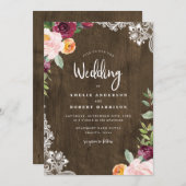 ウッド素朴&レースバーガンディ赤面フローラ結婚ズ 招待状 (正面/裏面)