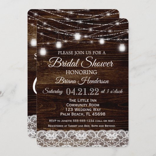 ウッド素朴&レースメイスンジャールライトブライダルシャワー 招待状 (正面/裏面)