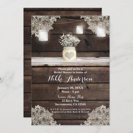 ウッド素朴、レース&メイソンジャースバーンブライダルシャワー 招待状 (正面/裏面)