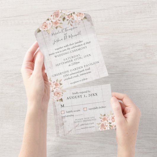 ウッド素朴&ロマンチックバラシャビーシック結婚ズ オールインワン招待状 (貼ってはがせる)