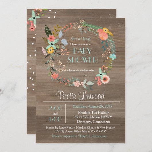 ウッド素朴、ヴィンテージフローラリースベビーシャワー 招待状 (正面/裏面)