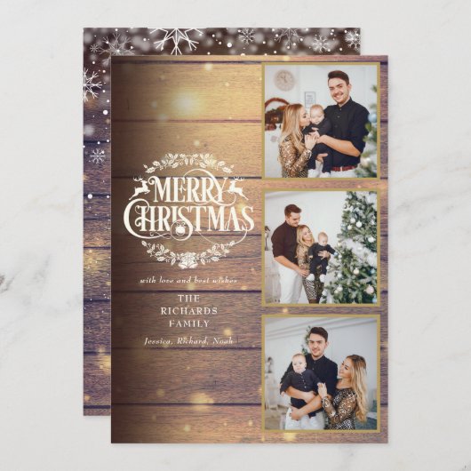 ウッド素朴 3フォトコラージュメリークリスマス シーズンカード (正面/裏面)