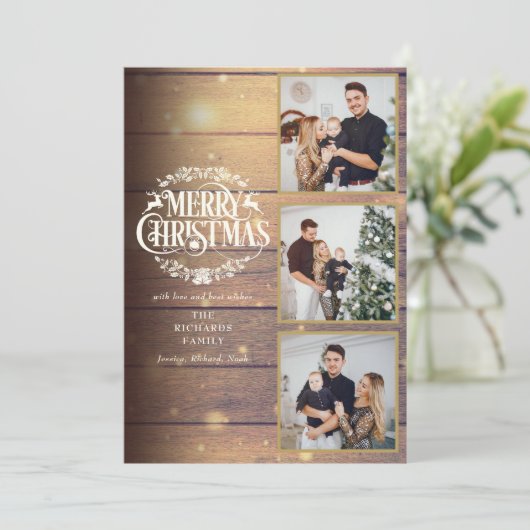 ウッド素朴 3フォトコラージュメリークリスマス シーズンカード (スタンド正面)