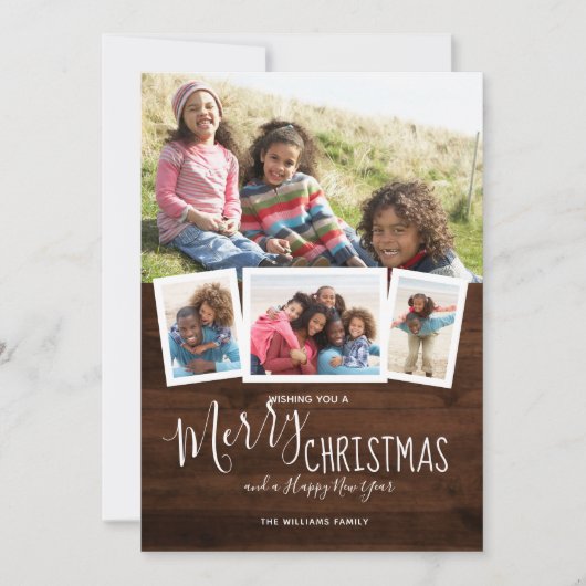 ウッド素朴 4フォトコラージュメリークリスマス シーズンカード (正面)