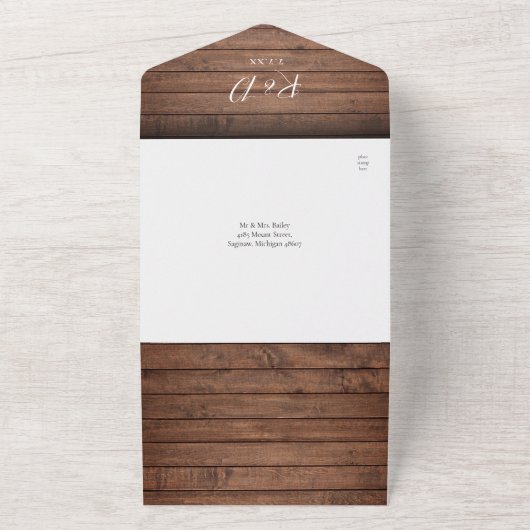 ウッド素朴QRコードモノグラムフローラ結婚 オールインワン招待状 (外側)