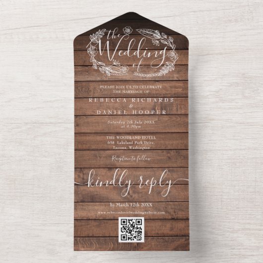ウッド素朴QRコードモノグラムフローラ結婚 オールインワン招待状 (内側)