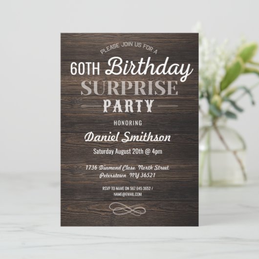 ウッド誕生日サプライズ素朴メンズウォメンズ招待状 招待状 (スタンド正面)