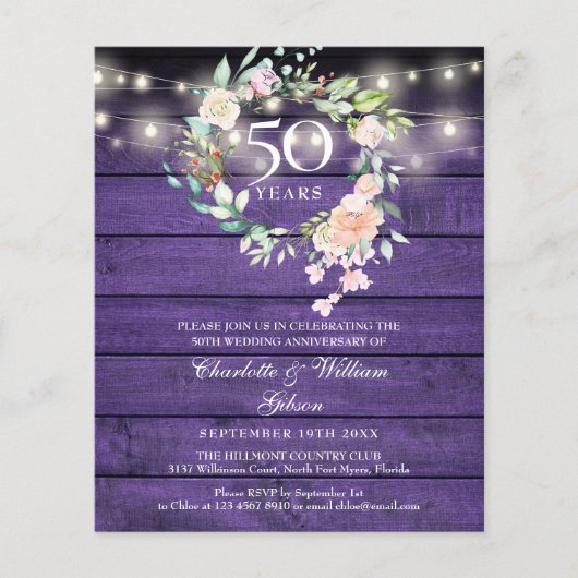 ウッド調の50周年記念フォト招待状 フローラルデザイン (正面)