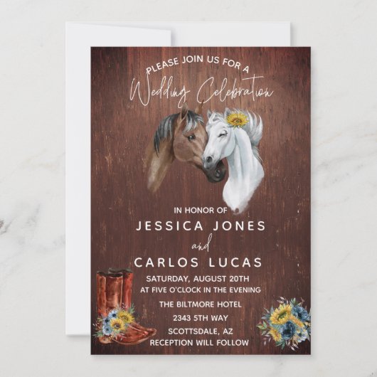 ウッド ウエスタン ホース ブーツ ヒマワリ 水彩画 招待状 (正面)